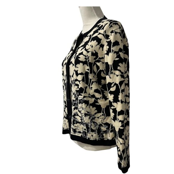 Amber Sun Black & Cream Floral Knit Beaded Cardigan Sweater Size XL - Picture 4 of 8